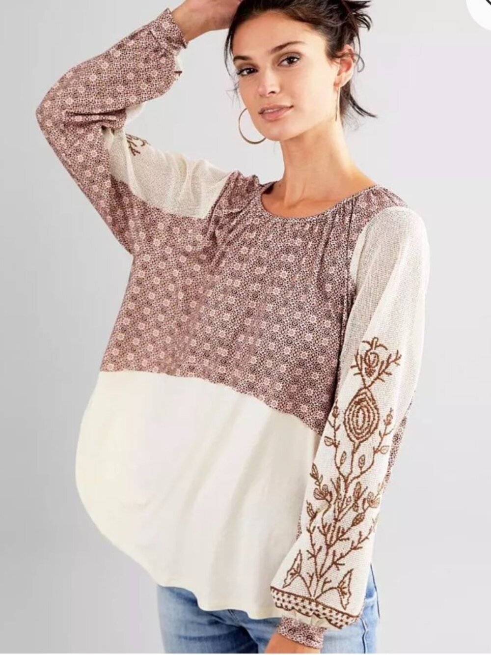 Gimmicks Bke Size S Raw Edge Pieced Top Embroidered Peasant Blouse Floral Mesh